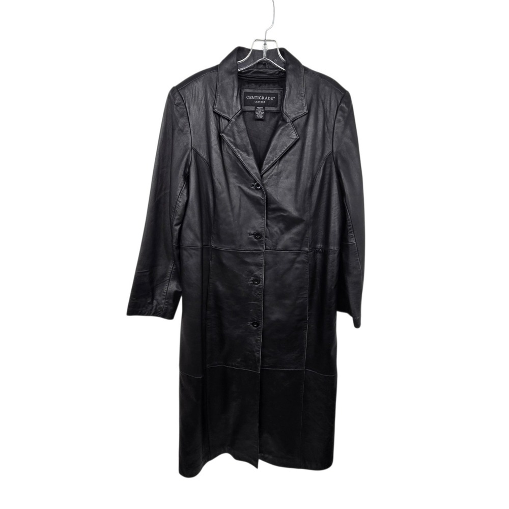 Vintage Centigrade Long Leather Coat Women M Black Trench Grunge Goth Distressed